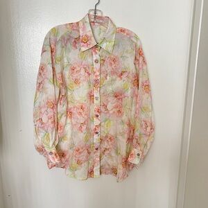 Cocoon Romantic Floral Sheer Blouse Long Sleeve Pastel Pink Button Up XL Silk